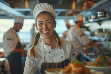 Woman with radiant grin working on lively onboard kitchen