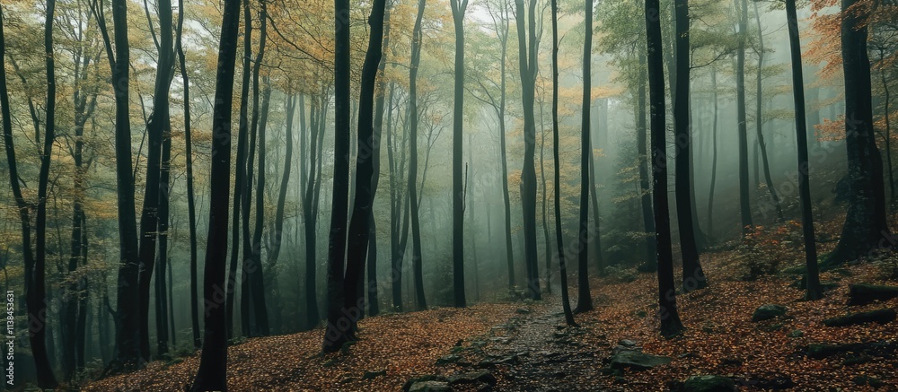 Poster mystical beech forest in autumn with fog and cascading waterfalls in a serene national park setting