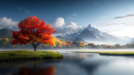 Immersive wide-angle shot of a radiant landscape featuring vivid green meadows, a sparkling river, and colorful trees with a bright blue sky, ultra-detailed, 