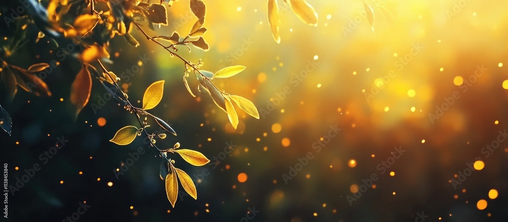 Poster golden bokeh lights with soft yellow hues illuminating dark background creating a serene and enchant
