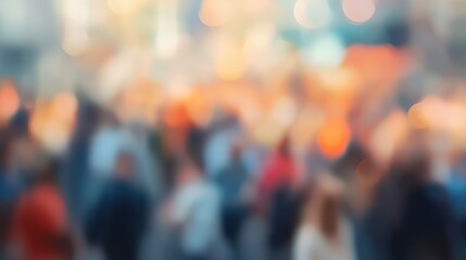 Softly blurred crowd background with vibrant bokeh lights in a lively urban setting creating an abstract visual effect for creative uses