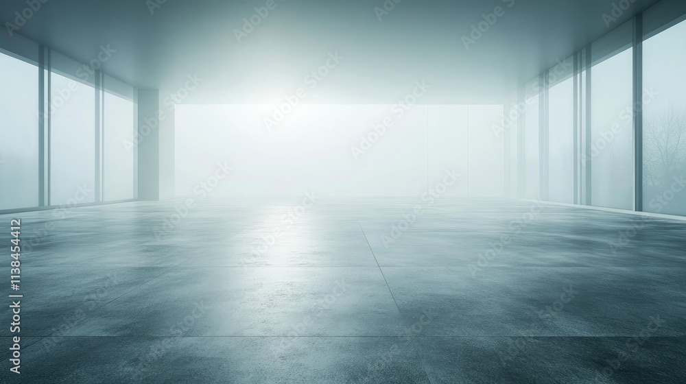 Poster spacious modern interior with foggy atmosphere and large windows creating a serene and minimalist en