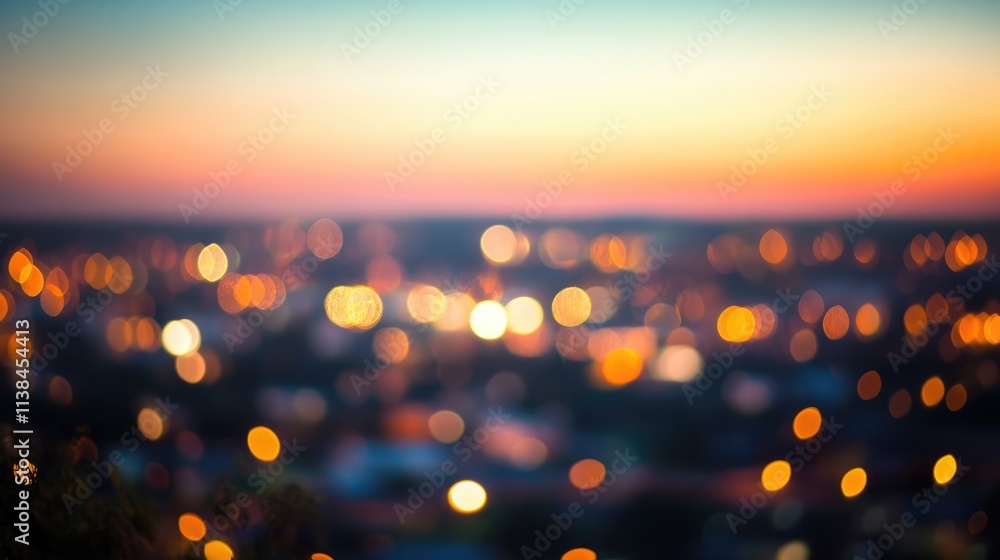 Poster blurred cityscape at twilight showcasing vibrant urban bokeh lights creating an atmospheric backgrou