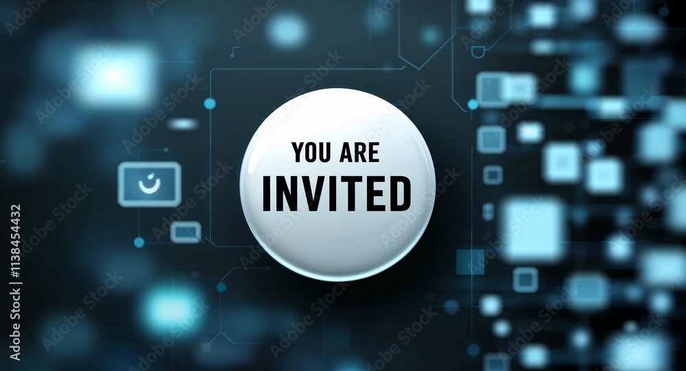 Poster you are invited word lettering on a button in digital tech blur background