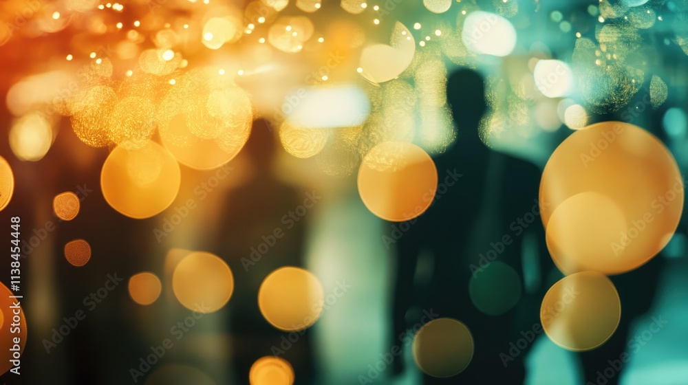 Poster abstract blurred image of silhouettes in shopping mall with colorful bokeh lights creating a vibrant
