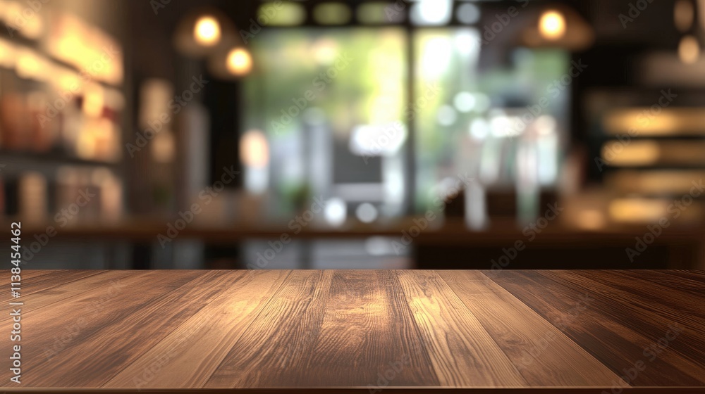 Poster wooden table top with blurred store interior background featuring soft lights and vibrant bokeh effe