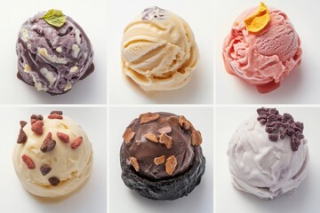 Six colorful ice cream scoops in different flavors including chocolate, berry, and vanilla, displayed on a white background, perfect for menus, banners, and food blogs

