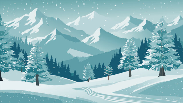 Winter snowy landscape with mountain and trees vector illustration