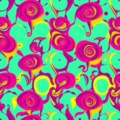 Fototapeta premium Psychedelic Floral Swirl: Abstract, colorful, and vibrant, this seamless pattern features swirling roses in shades of pink and yellow against a bright green background.