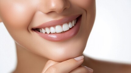 Fototapeta premium Close-up of a Beautiful Woman's Smile Showing Perfect White Teeth and Radiant Skin, Capturing the Essence of Confidence and Health in a Bright and Clean Background