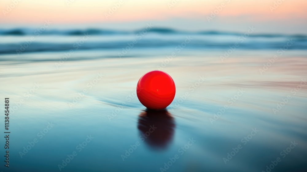 Aufkleber vibrant red ball on wet sandy shore with soft waves in the background during sunset creating a seren