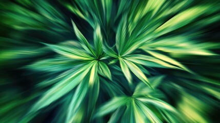 Vibrant blurred tropical plant leaves creating a lush green atmosphere in a jungle setting