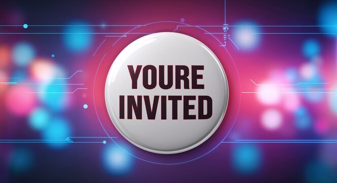youre invited word lettering on a button in digital tech blur background