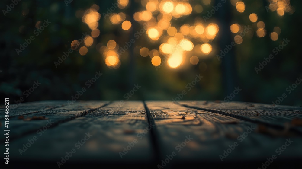 Poster wooden table in focus with blurred bokeh lights in the background creating a serene and atmospheric 