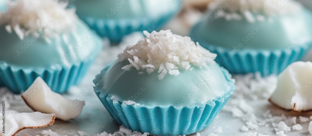 Poster blue shell cookies with coconut flakes beautifully displayed on a textured surface for a delightful 