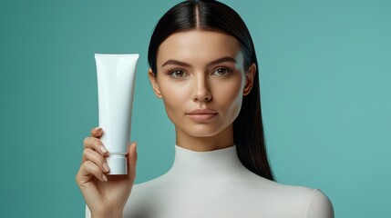Young Woman Holding Tube of Skincare Cream Against Aqua Background in Studio, Promoting Healthy Skin and Beauty Products with Natural Glow