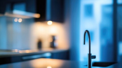 Modern kitchen interior with a blurred focus highlighting contemporary design and ambient lighting for a sleek atmosphere.