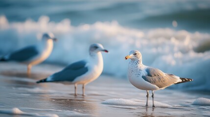 Fototapeta premium Seagulls on a serene beach with blurred gradients creating a tranquil atmosphere and waves gently rolling in the background