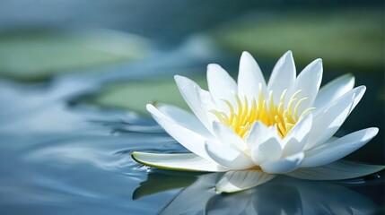 Elegant white water lily blooming in tranquil pond reflecting serene water and lush green leaves.