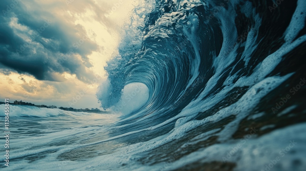 Poster dynamic ocean wave with motion blur against dramatic sky creating an abstract seascape perfect for a