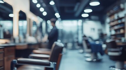 Blurred interior of modern barbershop showcasing stylist at work in a stylish and vibrant environment with barber chairs and mirrors