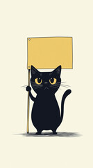 Minimalist Black Cat Holding Blank Sign Illustration. Generate Ai