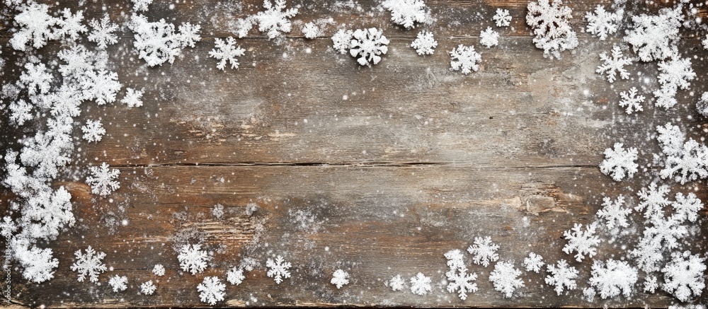 Poster snowflake border on textured aged wooden background creating a perfect space for seasonal text or ho
