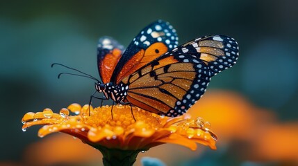 Obraz premium Butterfly perched on a vibrant yellow flower in sunlight