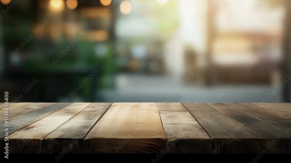 Poster wooden table in foreground with blurred abstract supermarket background creating a warm inviting atm