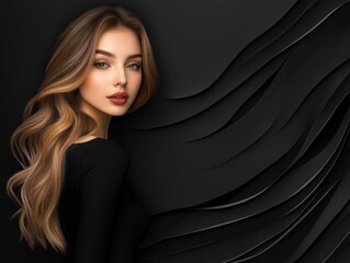 Fototapeta premium Elegant Woman with Long Wavy Hair Against Black Abstract Background