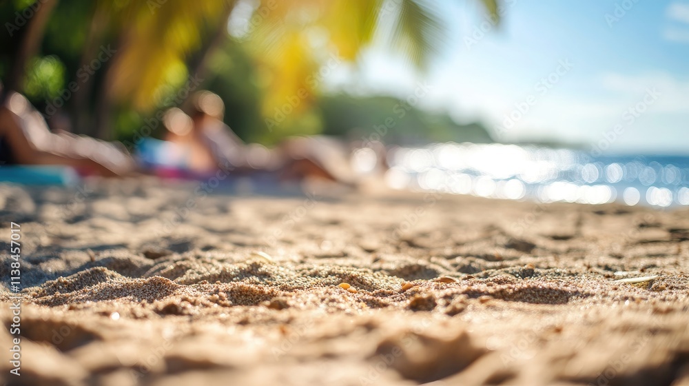 Poster relaxing beach scene with blurred figures enjoying sunny day near ocean with gentle waves and palm t