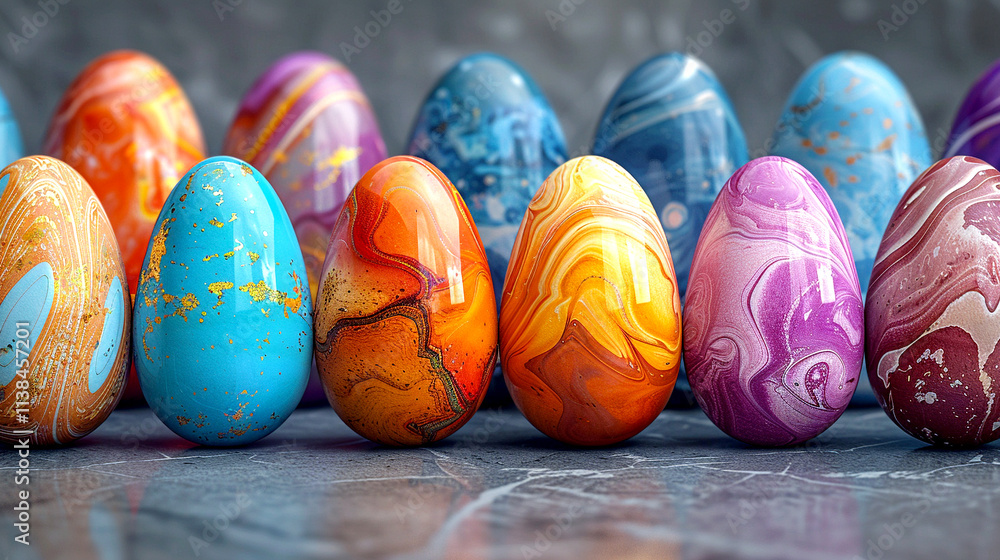 Poster beautifully designed marble eggs display vibrant colors and patterns in a row