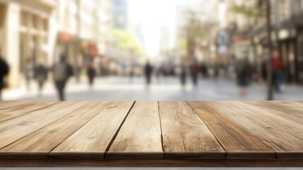 Wooden table foreground with blurred busy street scene and people walking in soft focus background creating a lively urban atmosphere.