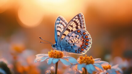 Obraz premium Close-up of a butterfly perched on a flower in golden light