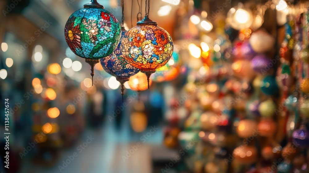 Poster colorful illuminated lanterns creating a magical ambiance in a festive market setting with blurred b