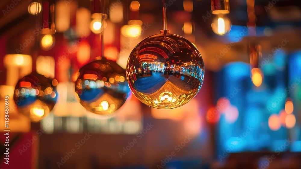 Poster reflections of colorful lights in blurred hanging spherical lamps creating an atmospheric vibe in a 