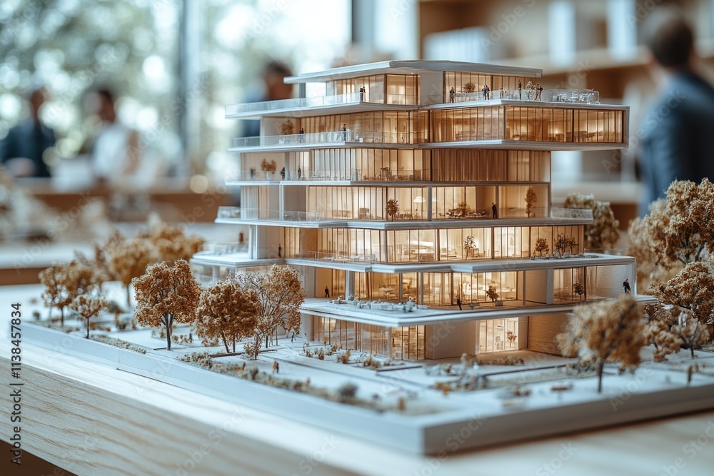 Poster a miniature building model placed on a table, ideal for architectural or design displays