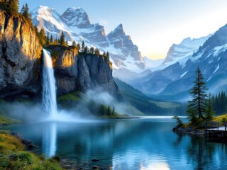 Mountain Majesty: Serene Waterfall and Lake with Snowy Peaks