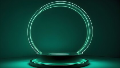 Un marco circular de luz de neón con un fondo oscuro, que crea un podio o escenario minimalista y futurista