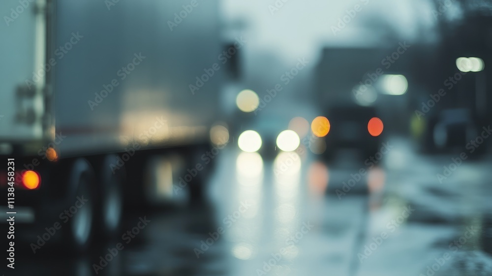 Poster blurred truck in a rainy parking lot creating an abstract background texture for design and advertis