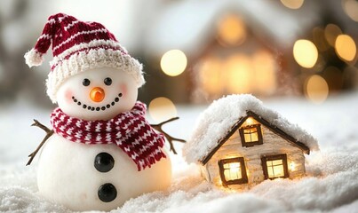 Cheerful snowman wearing a striped hat and scarf in a snowy winter landscape with a cozy, warmly lit cottage in the background.
