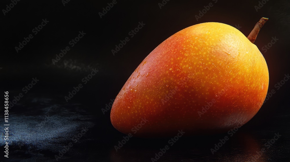 Poster ripe mango resting on a black surface with a soft blur effect highlighting its vibrant color and nat