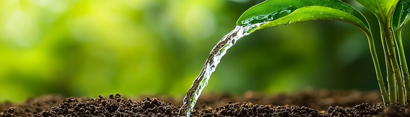 Water flowing onto fresh soil nurturing green plant growth in a vibrant environment.