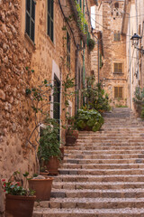 Obraz premium Enge Gasse mit Blumentöpfen und Treppe im schönen Bergdorf Fornalutx, Mallorca, Balearen, Spanien 