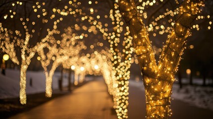 Glowing holiday lights adorning trees in a winter wonderland creating a festive ambiance for celebrations and special occasions