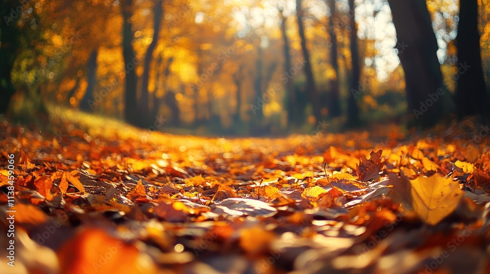 Poster autumn forest path with vibrant fallen leaves creating an abstract natural background and texture in