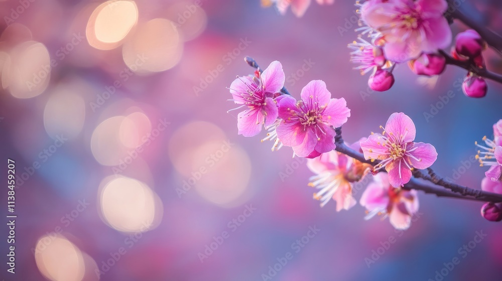 Poster blossoming cherry branch with soft focus bokeh background in pastel spring colors creating a serene 
