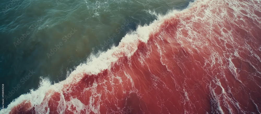Poster bird's eye view of red sandy beach with waves crashing creating a dynamic contrast of colors in the 