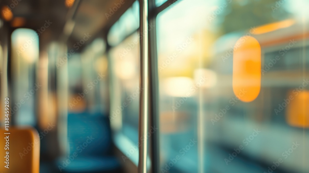 Poster blurred abstract background of public transit interior with reflections and warm light creating a se