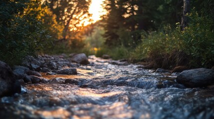 Fototapeta premium Serene blurred sunset over a tranquil river with soft light filtering through trees and reflecting on the water's surface